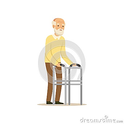 Male Character Old Frail Weak Using Walking Support Colourful Toon Cute Vector Illustration