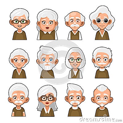 Old Man and Woman Cartoon Icon. Cute Avatar Set. Vector Vector Illustration