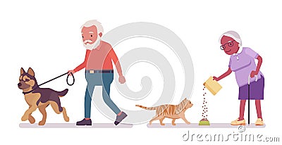 Old man, woman elderly person feeding cat, walking with dog Vector Illustration