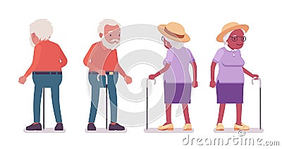 Old man, woman elderly person standing with walking cane Vector Illustration