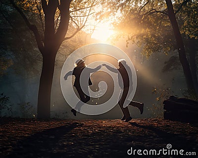 Old man and woman jumping happily in the rays of setting autumn sun. Aged couple enjoy time together in the nature. Generative AI Stock Photo