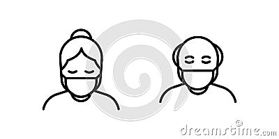 Old man and woman in medical face protection mask. Vector icon of higher risk vulnerable people wearing protective surgical mask. Vector Illustration