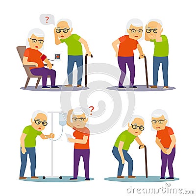 Old man and woman sick. Old mens, womens disease vector illustration Vector Illustration