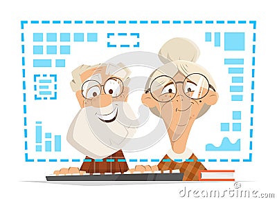 Old man woman sitting computer monitor Online people education Vector Illustration