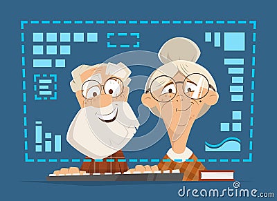 Old man woman sitting computer monitor Online people education Vector Illustration