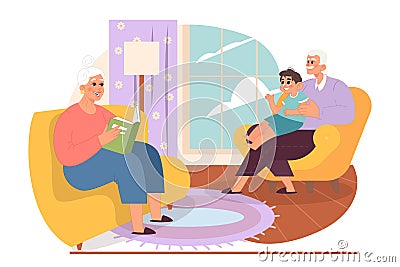 Old man and woman taking care of lttle boy. Grandmother and grandfather Vector Illustration