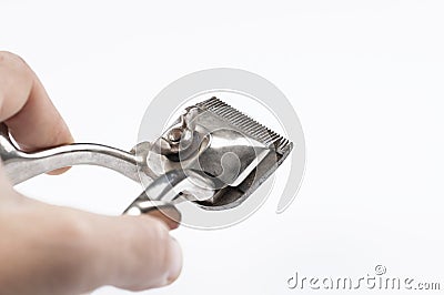 Old manual haircut machine isolated on white background.Copy space Stock Photo