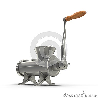 Old manual iron meat mincer isolated on white background. Stock Photo