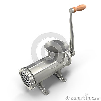 Old manual iron meat mincer isolated on white background. Stock Photo