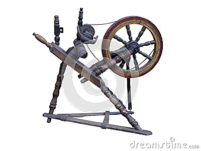 Old manual wooden spinning-wheel distaff isolated on white Stock Photo