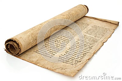 Old Manuscript Scroll or Parchment. Old Parchment Scroll Isolated on White Horizontally Oriented Stock Photo