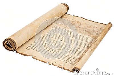 Old Manuscript Scroll or Parchment. Old Parchment Scroll Isolated on White Horizontally Oriented Stock Photo