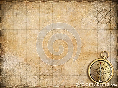 Old map with brass compass as exploration background Stock Photo