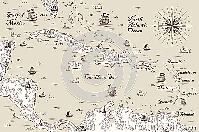 Old map of the Caribbean Sea, Vector illustration Vector Illustration