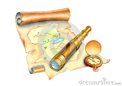 Old map and compass Cartoon Illustration