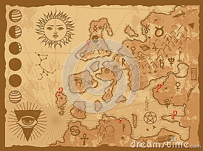 Old map of fantasy world marked with astrology signs, vector illustration Vector Illustration