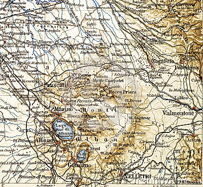 Old map from geographical Atlas 1890 with a fragment of the Apennines, Italian Peninsula. Central Italy. Stock Photo