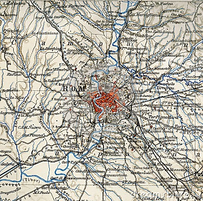 Old map from geographical Atlas 1890 with a fragment of the Apennines, Italian Peninsula. Rome, Italy. Stock Photo