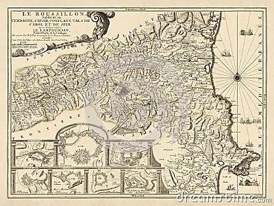 Old map the Roussillon printed in 1706 Stock Photo