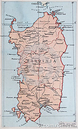 Old 1945 Map of Sardinia. Stock Photo