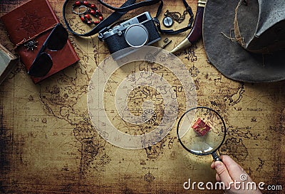 Old map and vintage travel equipment / expedition concept, treasure hunt Stock Photo