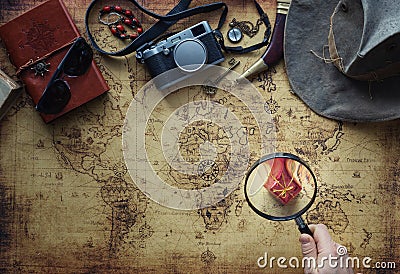 Old map and vintage travel equipment / expedition concept, treasure hunt Stock Photo
