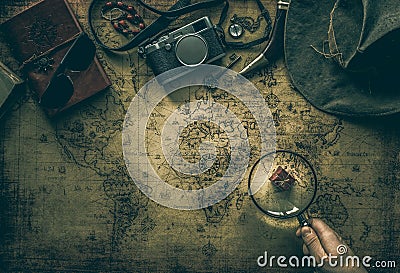 Old map and vintage travel equipment / expedition concept, treasure hunt Stock Photo