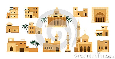 Old market houses. Ancient desert buildings. Islam street. African castle. Town heritage. Landscape elements set Vector Illustration
