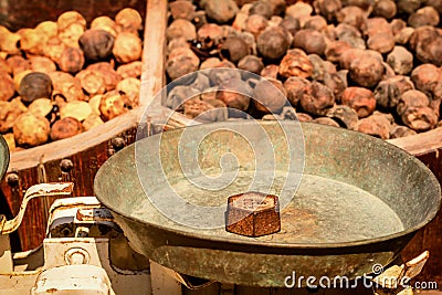 Old market iron weights on scale, Dubai Stock Photo