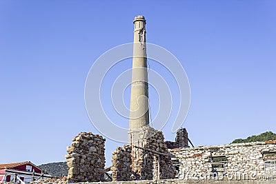 Old masonry builded tower near ruins in Agiasos at Lesvos Stock Photo