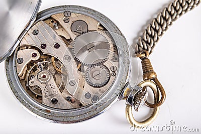 Old mechanism of an analog watch. Modes and mechanisms of the precision mechanism Stock Photo