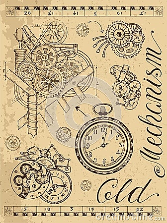 Old mechanism of clock in steampunk style Vector Illustration