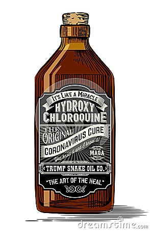 Old medicine bottle with vintage label for Hydroxychloroquine as a cure for Coronavirus. Vector Illustration