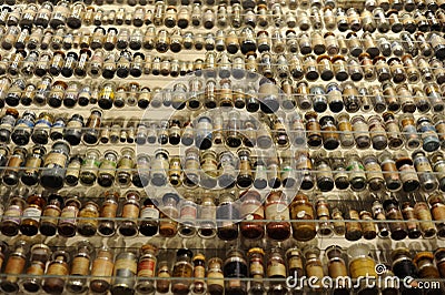 Old medicine in jars and bottles arranged on shelves on an exibition in UNESCO World Heritage Zollverein Coal Mine in Essen Editorial Stock Photo