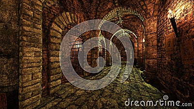 Old medieval castle dungeon tunnel with a row of prison cells, lit by torch flame. 3D illustration Stock Photo