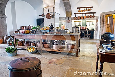 Old medieval castle kitchen equipment vintage Pena Palace Editorial Stock Photo