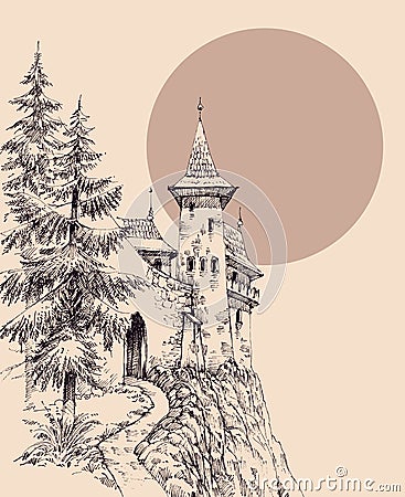 Old medieval castle in the pine forest Vector Illustration