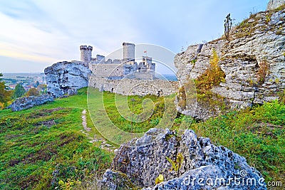 Old medieval castle on rocks. Ogrodzieniec, Poland Stock Photo