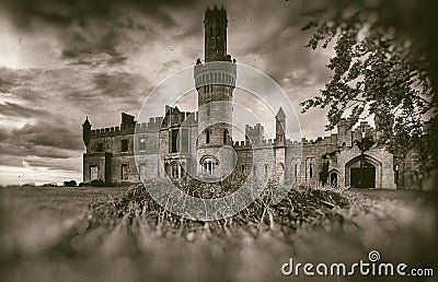 Old medieval castle ruins, tree and stormy sky in sepia style Stock Photo