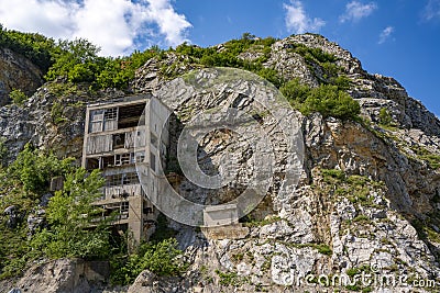 Old medieval fortress Golubac other side abandoned bulding from old mine, Serbia Stock Photo