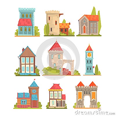 Old And Medieval Historical Buildings Set Of European Architecture Towers, Fortifications And City Houses Vector Illustration