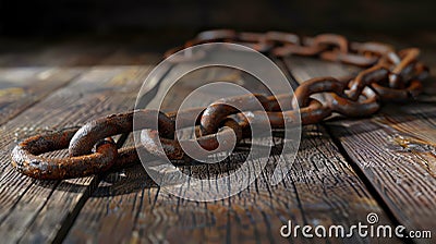 Old Meets New: Rusty Chain on Wood, Symbolizing the Timeless Security of Blockchain Networks Stock Photo
