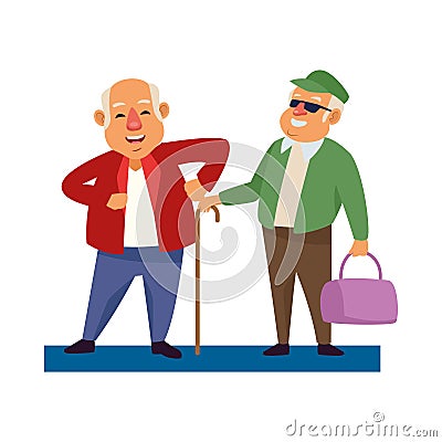 Old men with handbag and cane active senior characters Vector Illustration