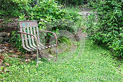 Old metal chair, green ground cover, copy space, death grief absence concept Stock Photo