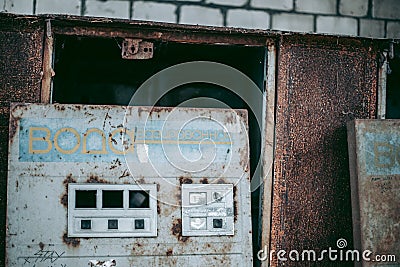 Old metal soviet machine for carbonating water in Pripyat in Chernobyl Editorial Stock Photo
