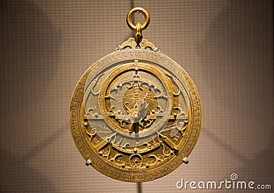 Old metallic Arabic astrolabe close up Stock Photo