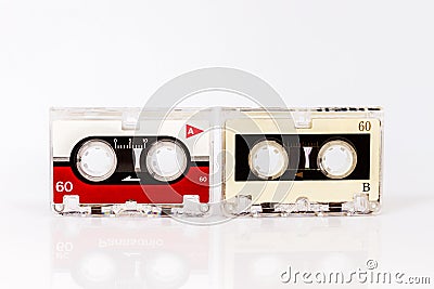 Old micro audio tapes isolated on white background Stock Photo