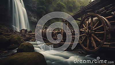 old mill in the forest Steam punk waterfall of energy, with a landscape of metal pipes and wires, with a Ban Gioc waterfall Stock Photo