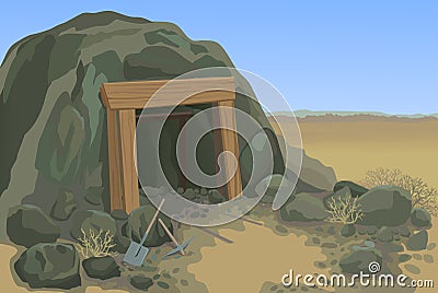 Old mine with shovel and pick Vector Illustration