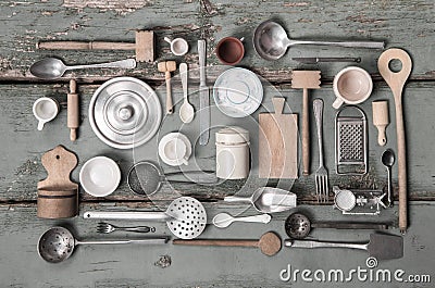 Old miniatures of kitchen equipment for decoration. Stock Photo